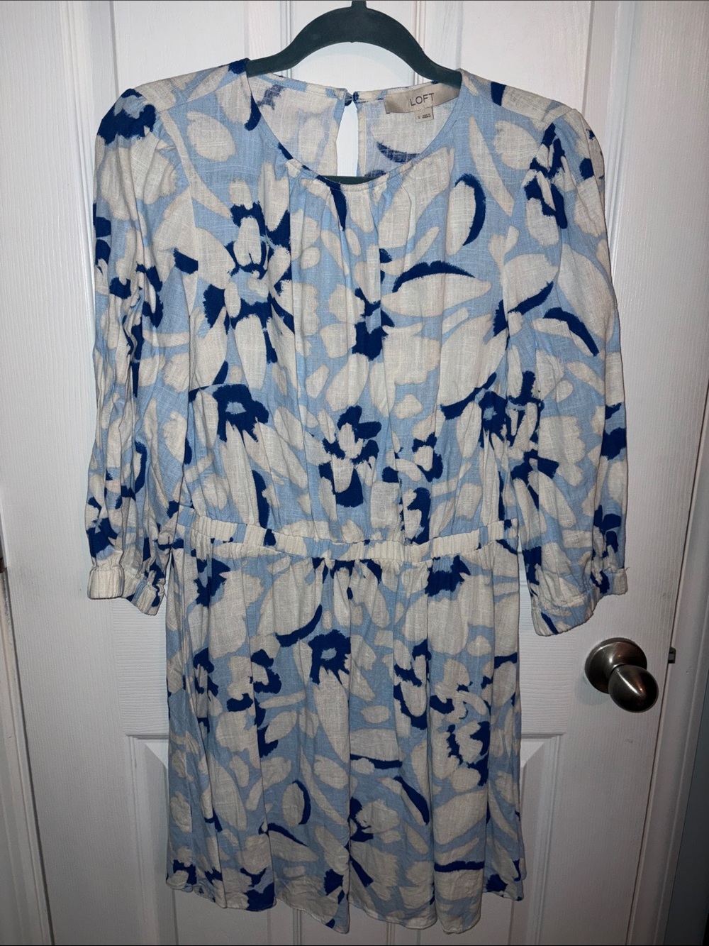 LOFT Light Blue & White Floral Elastic Waist Mini Dress